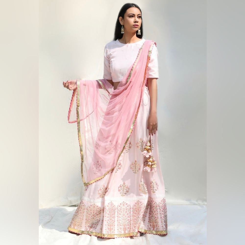 Pink Cotton Silk Foil Block Print Lehenga Set from Aza Fashions SIZE XL